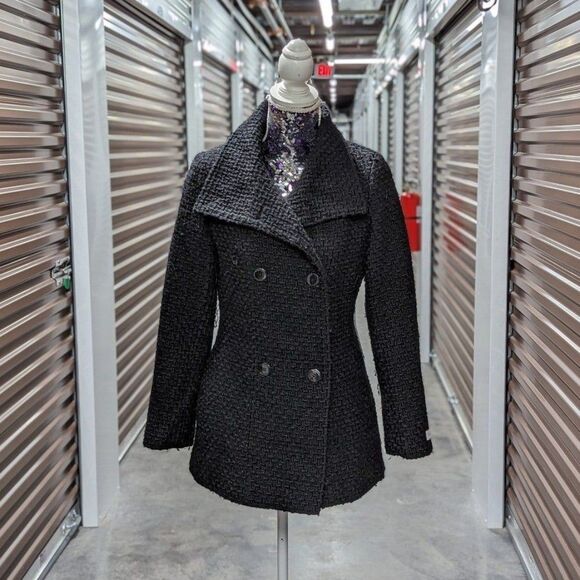 Calvin Klein Size XS Women's Black Textured Fit & Flare Wool Blend Pea Coat - Picture 1 of 12
